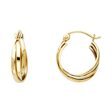 Load image into Gallery viewer, 14K Yellow Gold Petite Intertwined Polished Triple Latch And Hinge-Notch Post Backing Hoop Earrings