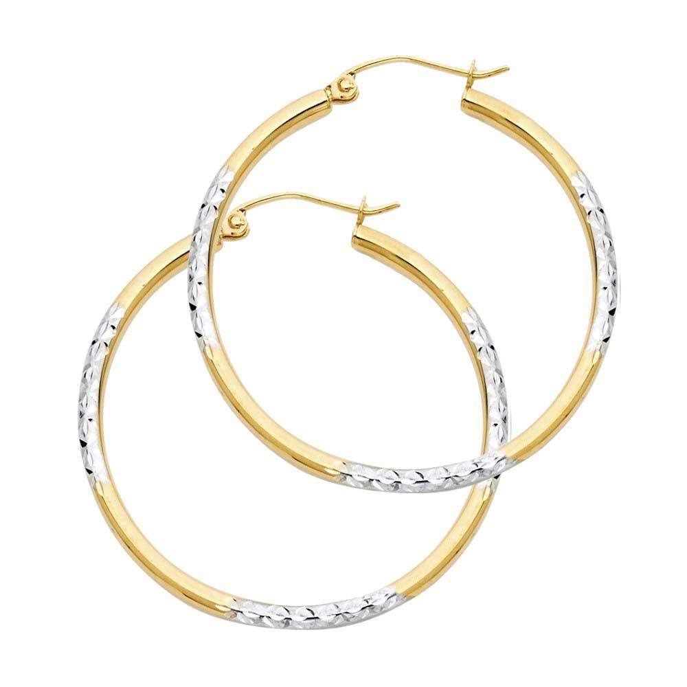 14k Two Tone Gold 2mm Polished Medium Rounded Diamond Cut Hoop Earrings
