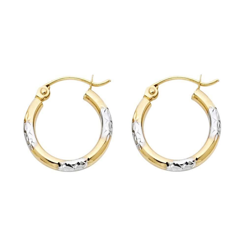 14k Two Tone Gold 2mm Petite Rounded Diamond Cut Hoop Earrings