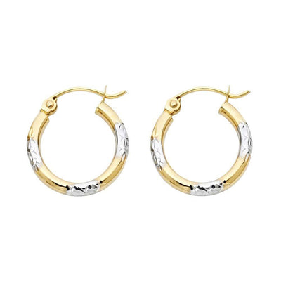 14k Two Tone Gold 2mm Petite Rounded Diamond Cut Hoop Earrings