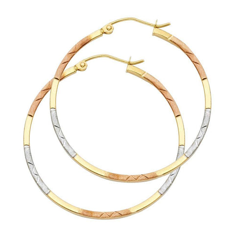 14k Tri Color Gold 1.5mm Polished Medium Satin Diamond Cut Hoop Earrings