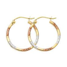 Load image into Gallery viewer, 14k Tri Color Gold 1.5mm Polished Small Satin Diamond Cut Hoop Earrings