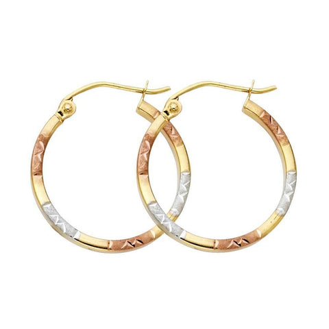 14k Tri Color Gold 1.5mm Polished Small Satin Diamond Cut Hoop Earrings