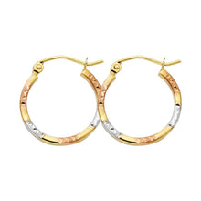 Load image into Gallery viewer, 14k Tri Color Gold 1.5mm Polished Petite Satin Diamond Cut Hoop Earrings