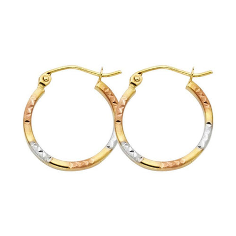 14k Tri Color Gold 1.5mm Polished Petite Satin Diamond Cut Hoop Earrings