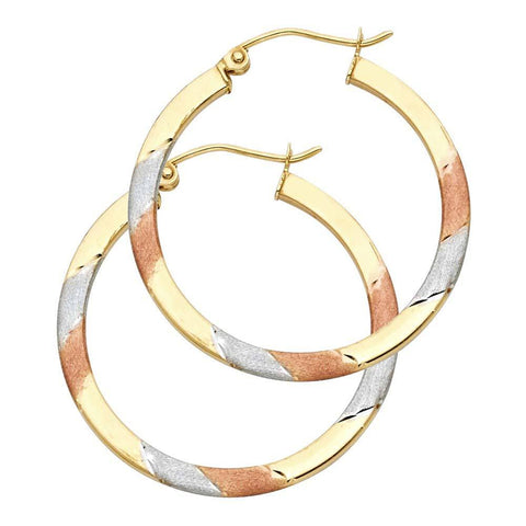 14k Tri Color Gold 2mm Polished Medium Satin Smooth Hoop Earrings