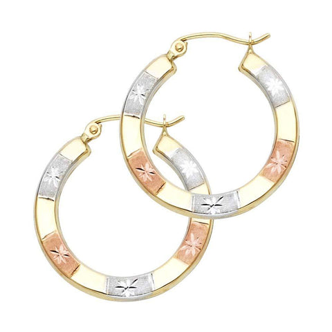 14k Tri Color Gold 2mm Polished Small Satin Star Diamond Cut Hoop Earrings