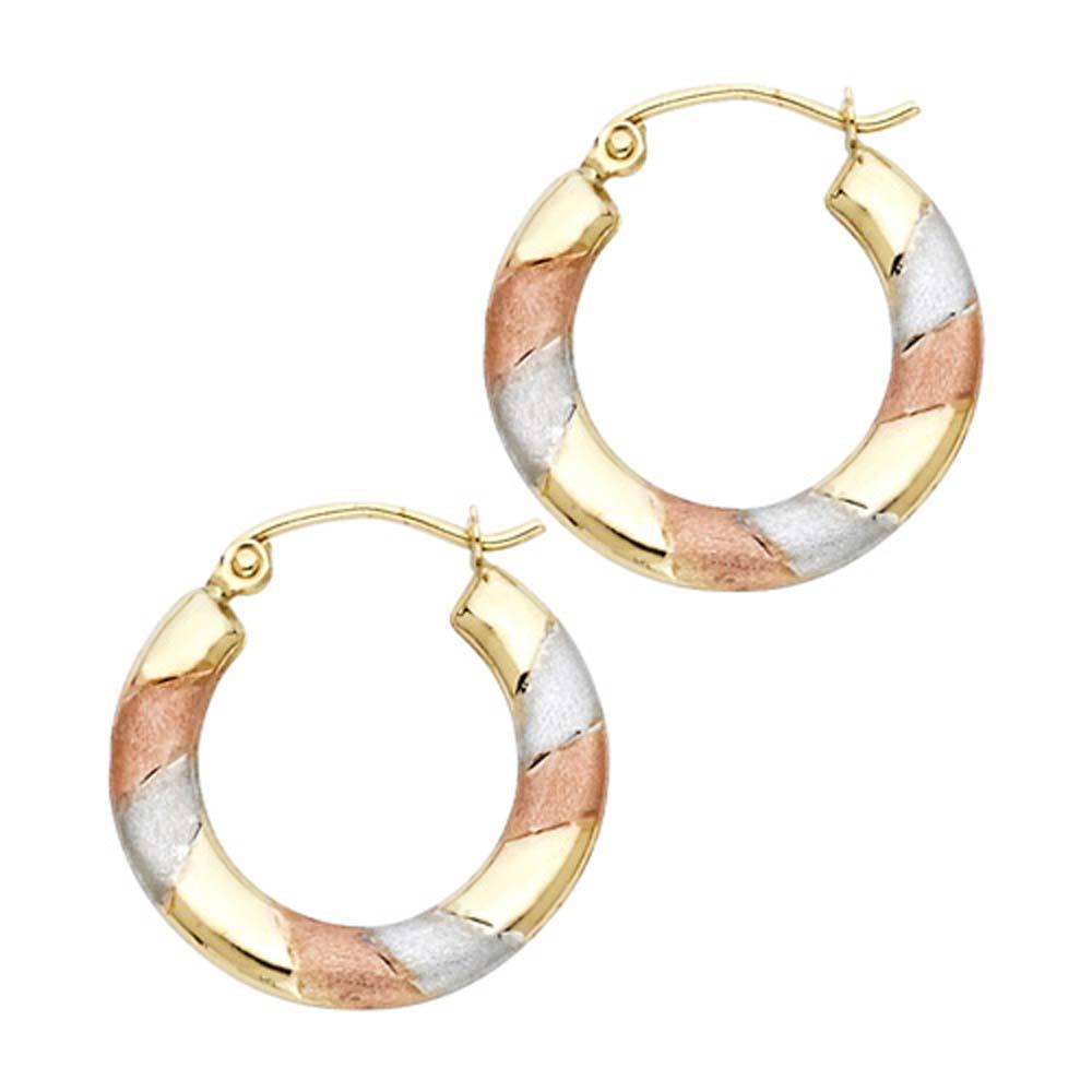 14k Tri Color Gold 3mm Polished Small Rounded Satin Hoop Earrings