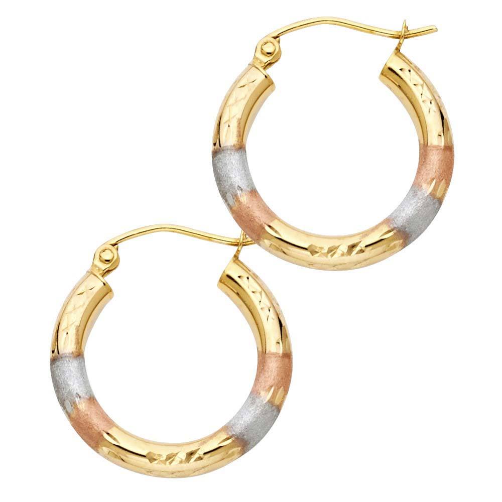 14k Tri Color Gold 2mm Polished Small Crisscross Satin Smooth Hoop Earrings