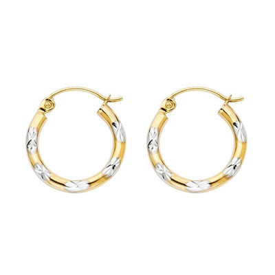14k Two Tone Gold 2mm Petite Polished Diamond Cut Star Hoop Earrings