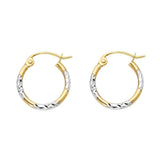 14k Two Tone Gold 1.5mm Petite Crisscross Diamond Cut Glossy Hoop Earrings