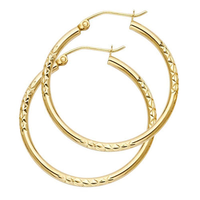 14k Yellow Gold 2mm Medium Thick Crisscross Diamond Cut Hoop Earrings