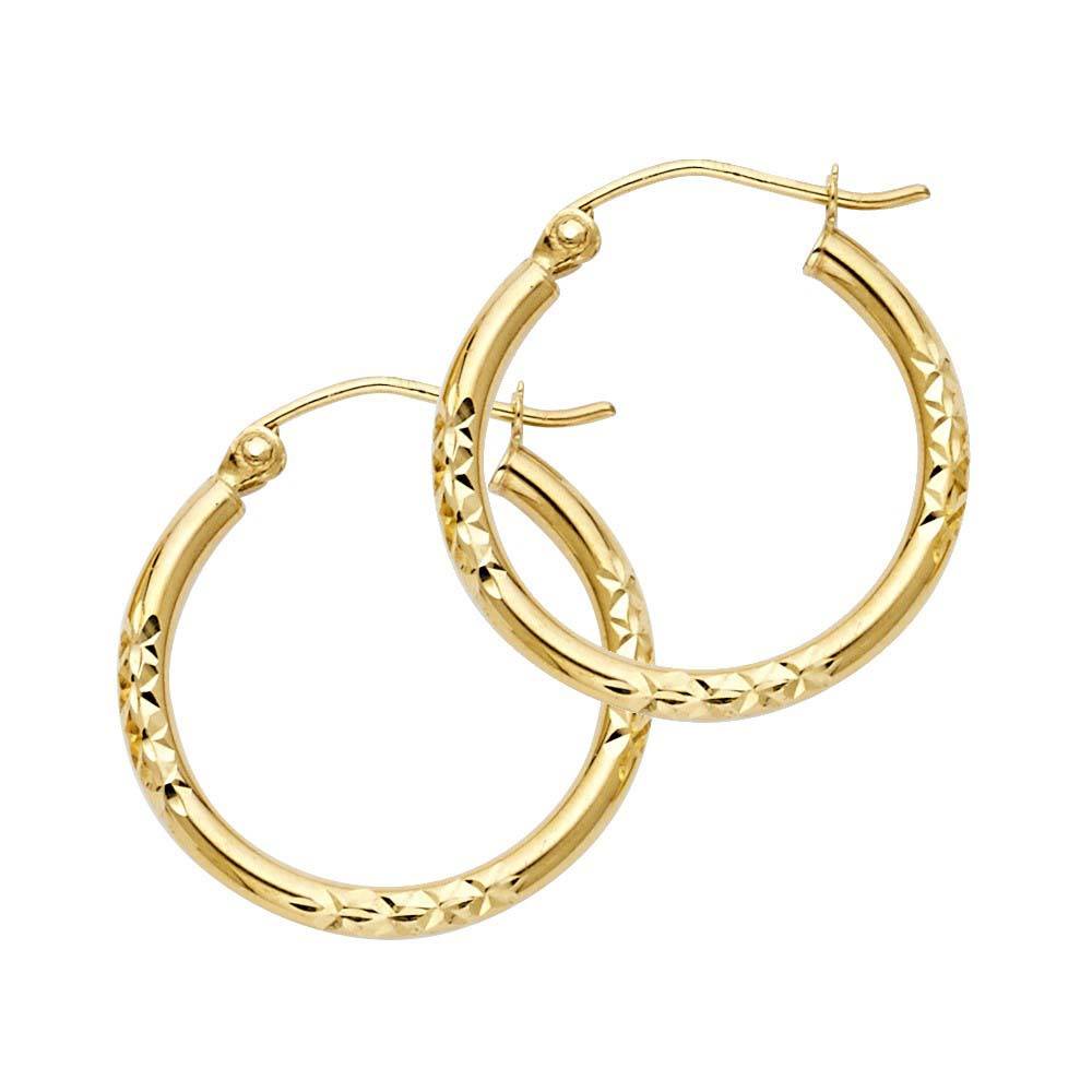 14k Yellow Gold 2mm Small Thick Crisscross Diamond Cut Hoop Earrings