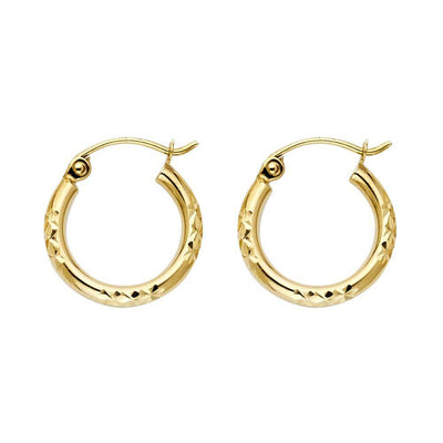 14k Yellow Gold 2mm Petite Thick Crisscross Diamond Cut Hoop Earrings