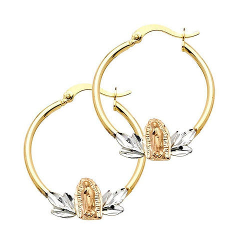 14k Tri Color Gold Our Lady Of Guadalupe Hoop Earrings