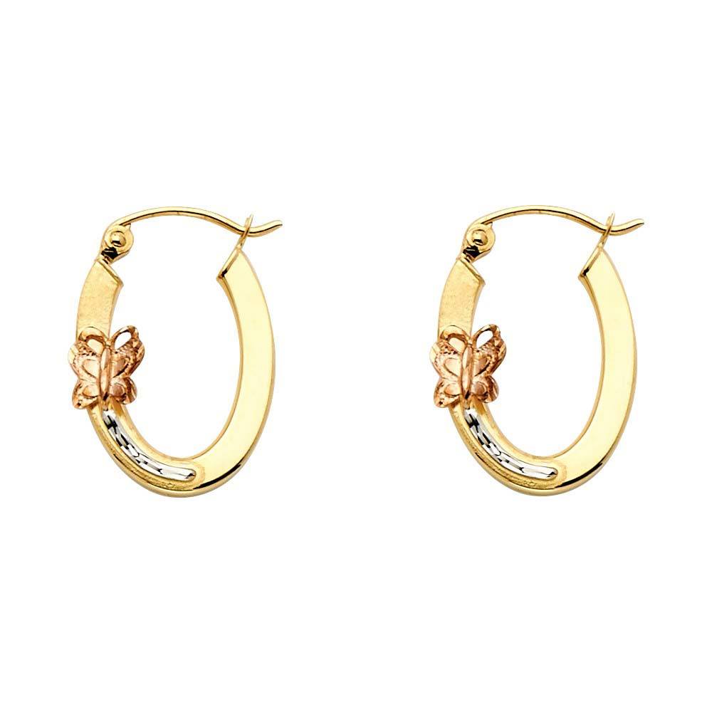 14k Tri Color Gold 9mm Polished Petite Oval Butterfly Hoop Earrings