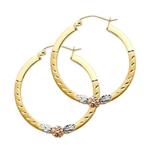 Load image into Gallery viewer, 14k Tri Color Gold Polished Medium Flower Hinge Hoop Earrings