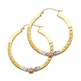 14k Tri Color Gold Polished Medium Flower Hinge Hoop Earrings