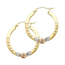 Load image into Gallery viewer, 14k Tri Color Gold Polished Small Flower Hinge Hoop Earrings