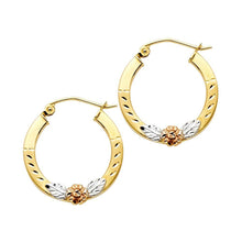 Load image into Gallery viewer, 14k Tri Color Gold Polished Petite Small Flower Hinge Hoop Earrings