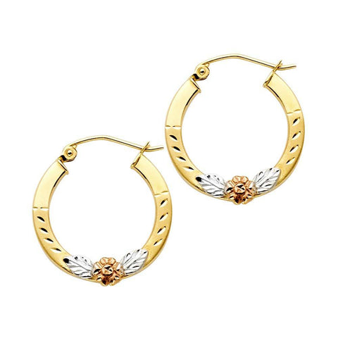 14k Tri Color Gold Polished Petite Small Flower Hinge Hoop Earrings