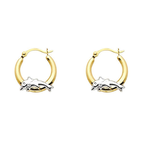 14k Two Tone Gold Polished Petite Dolphin Hinge Hoop Earrings
