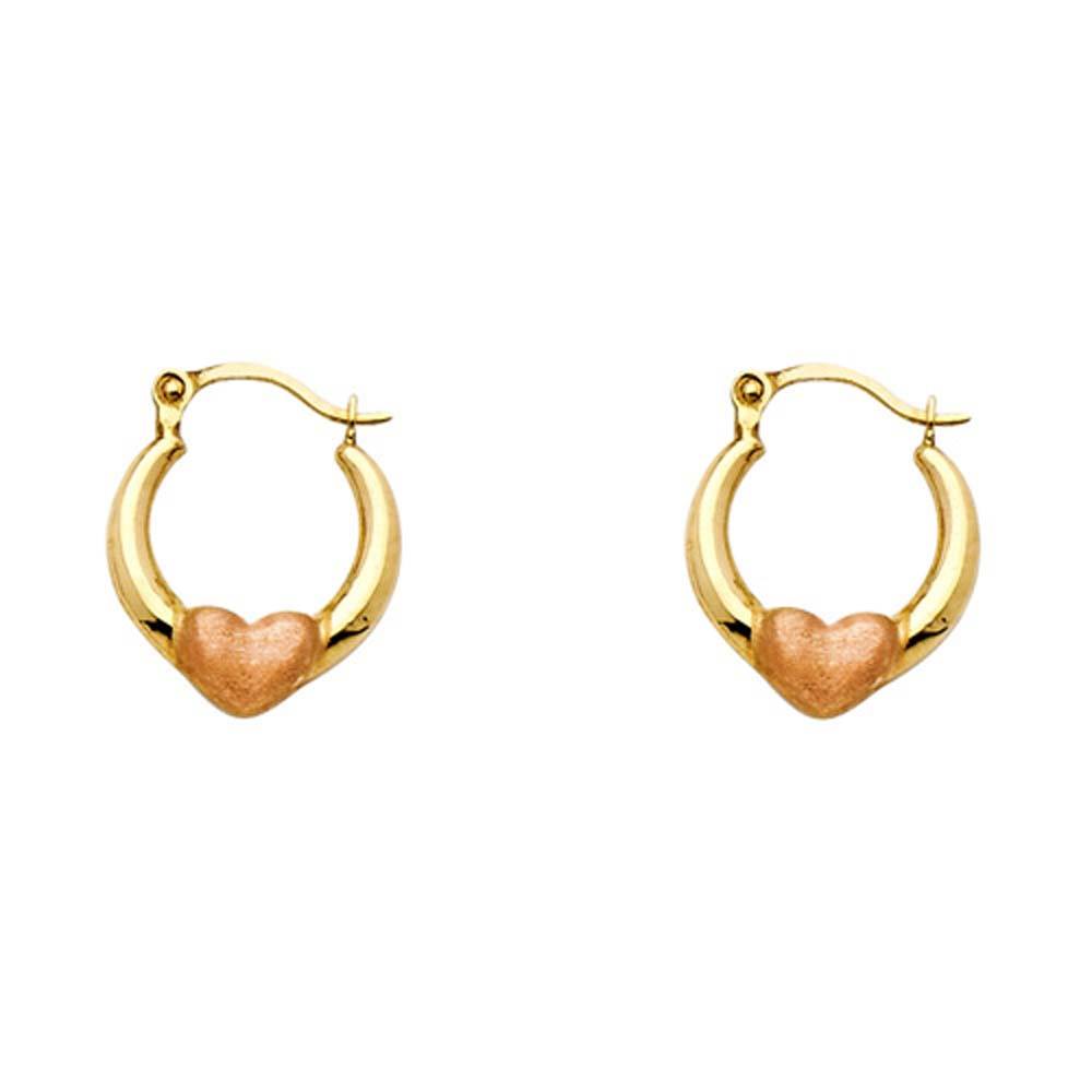 14k Two Tone Gold Polished Petite Satin Heart Hoop Earrings