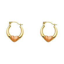 Load image into Gallery viewer, 14k Two Tone Gold Polished Petite Satin Heart Hoop Earrings