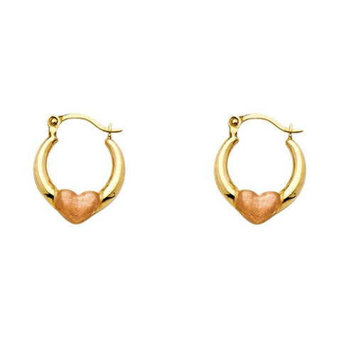 14k Two Tone Gold Polished Petite Satin Heart Hoop Earrings