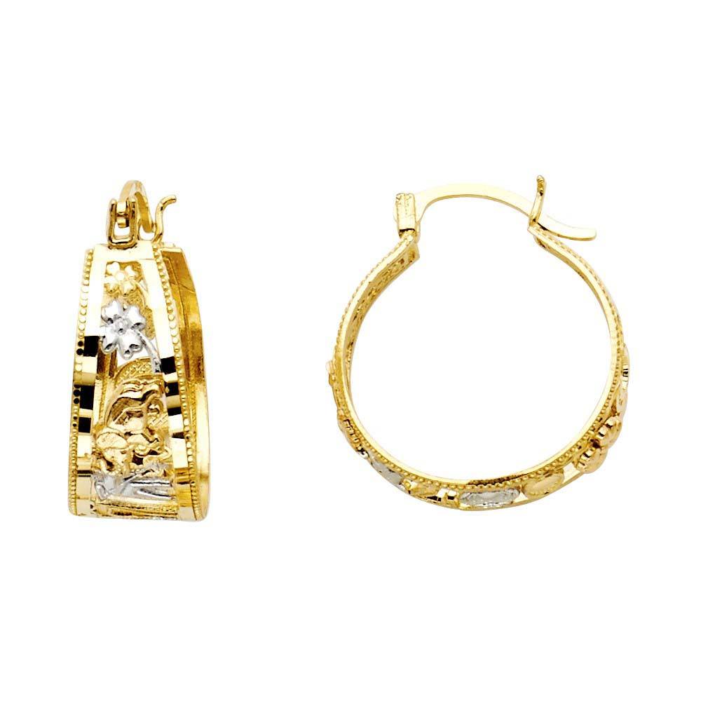 14k Two Tone Gold Polished Milgrain Small Floral Bangle Hoop Earrings
