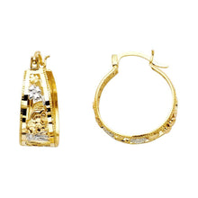 Load image into Gallery viewer, 14k Two Tone Gold Polished Milgrain Small Floral Bangle Hoop Earrings