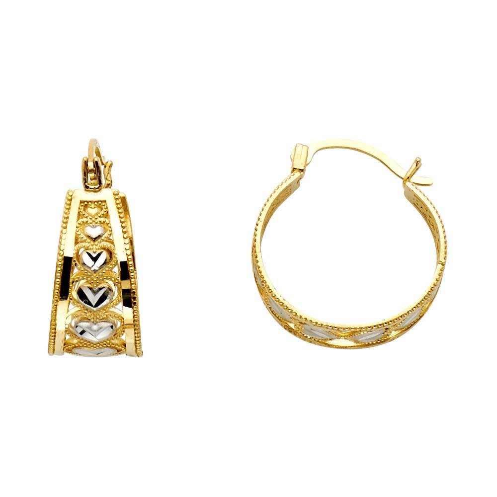 14k Two Tone Gold Polished Small Milgrain Heart Bangle Hoop Earrings