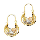 14k Tri Color Gold 17mm Polished Milgrain Fancy Oval Rose Flower Basket Hoop Earrings