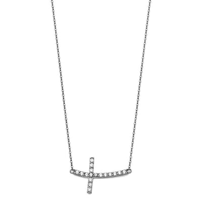 14K White Bended CZ Sideways Cross Necklace