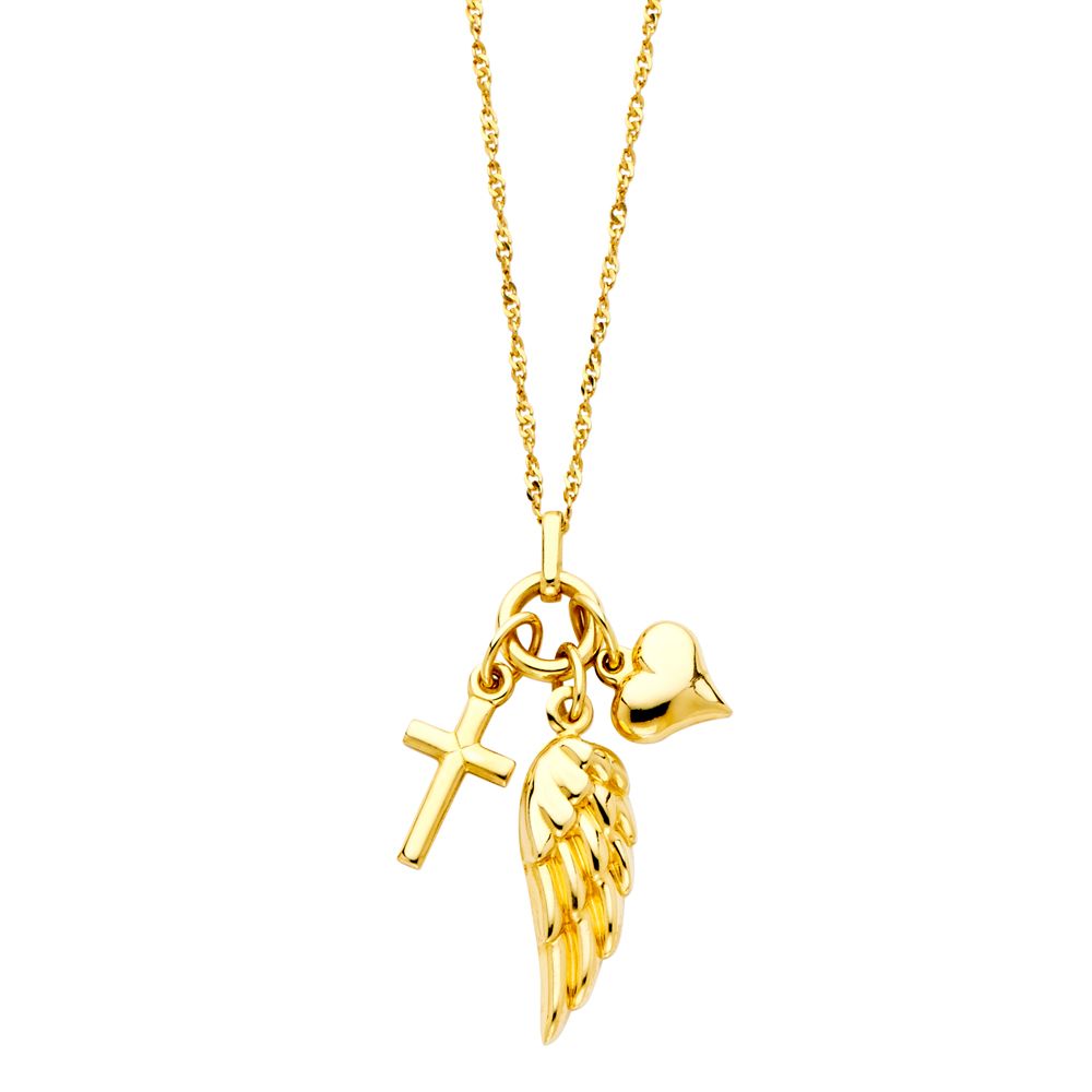 14K Yellow Cross and Heart and Wing Necklace