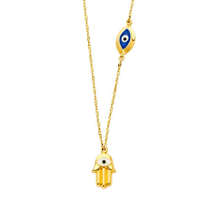 14K Yellow Hamsa and Evil Eye Necklace