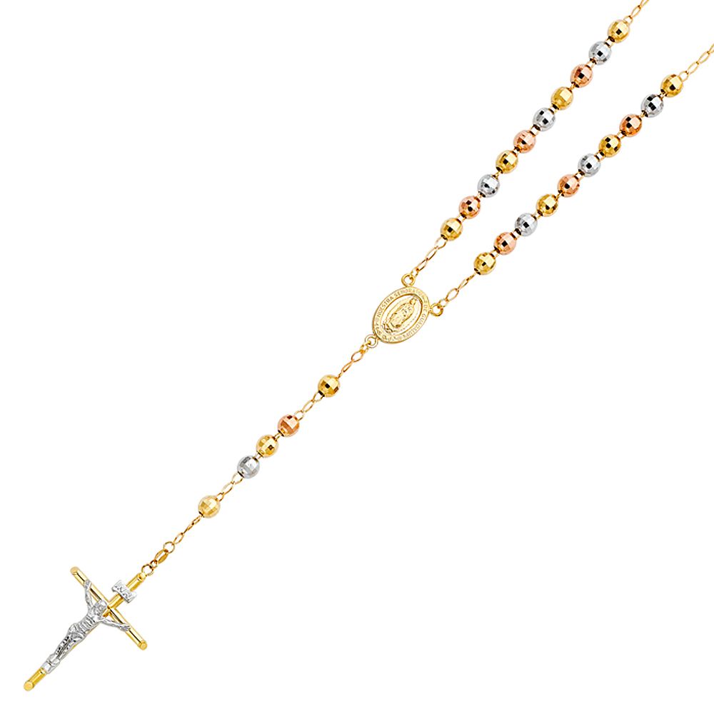 14K Tricolor 6mm Ball Rosary Necklace-Length 26"