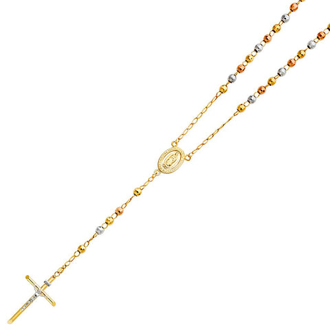 14K Tricolor 5mm Ball Rosary Necklace-Length 26