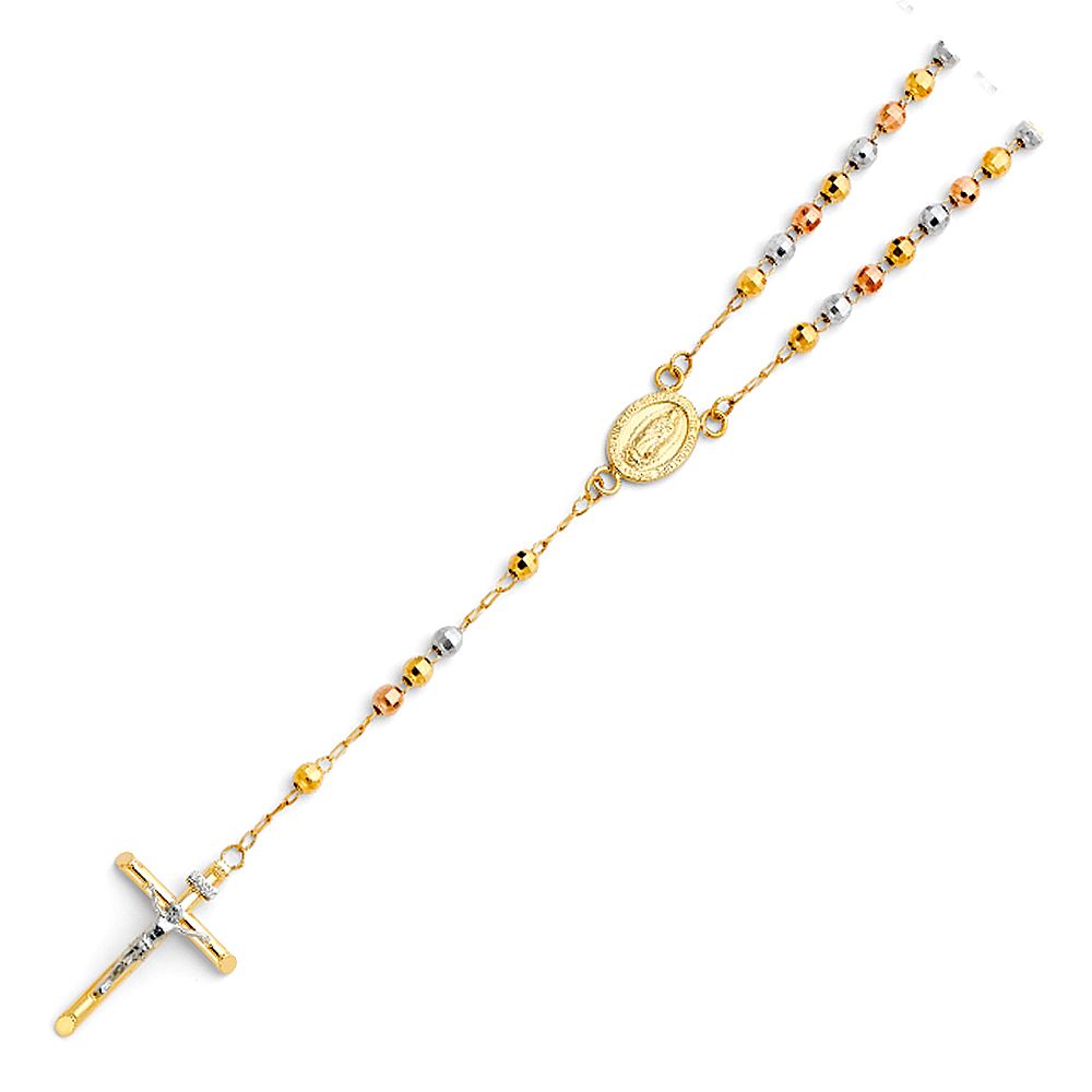 14K Tricolor 4mm Ball Rosary Necklace-Length 20"