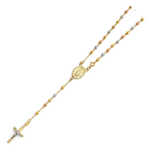 14K Tricolor 3mm Ball Rosary Necklace--Length 18