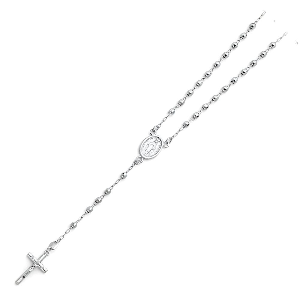 14K White 3mm Ball Rosary Necklace, Length 18"