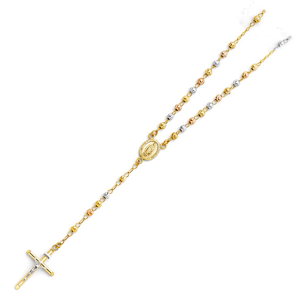 14K Tricolor 4mm Beads Ball Rosary Necklace