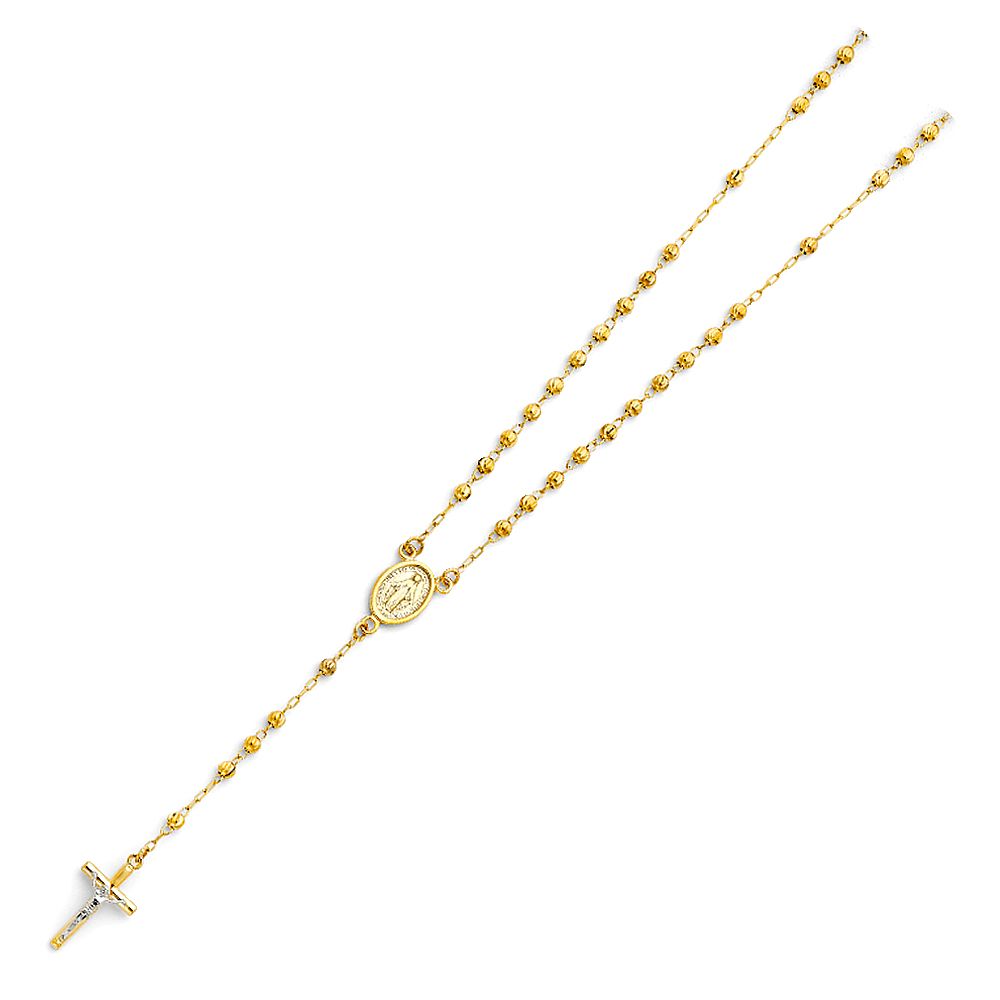 14K Yellow 3mm Beads Ball Rosary Necklace, Length 18"