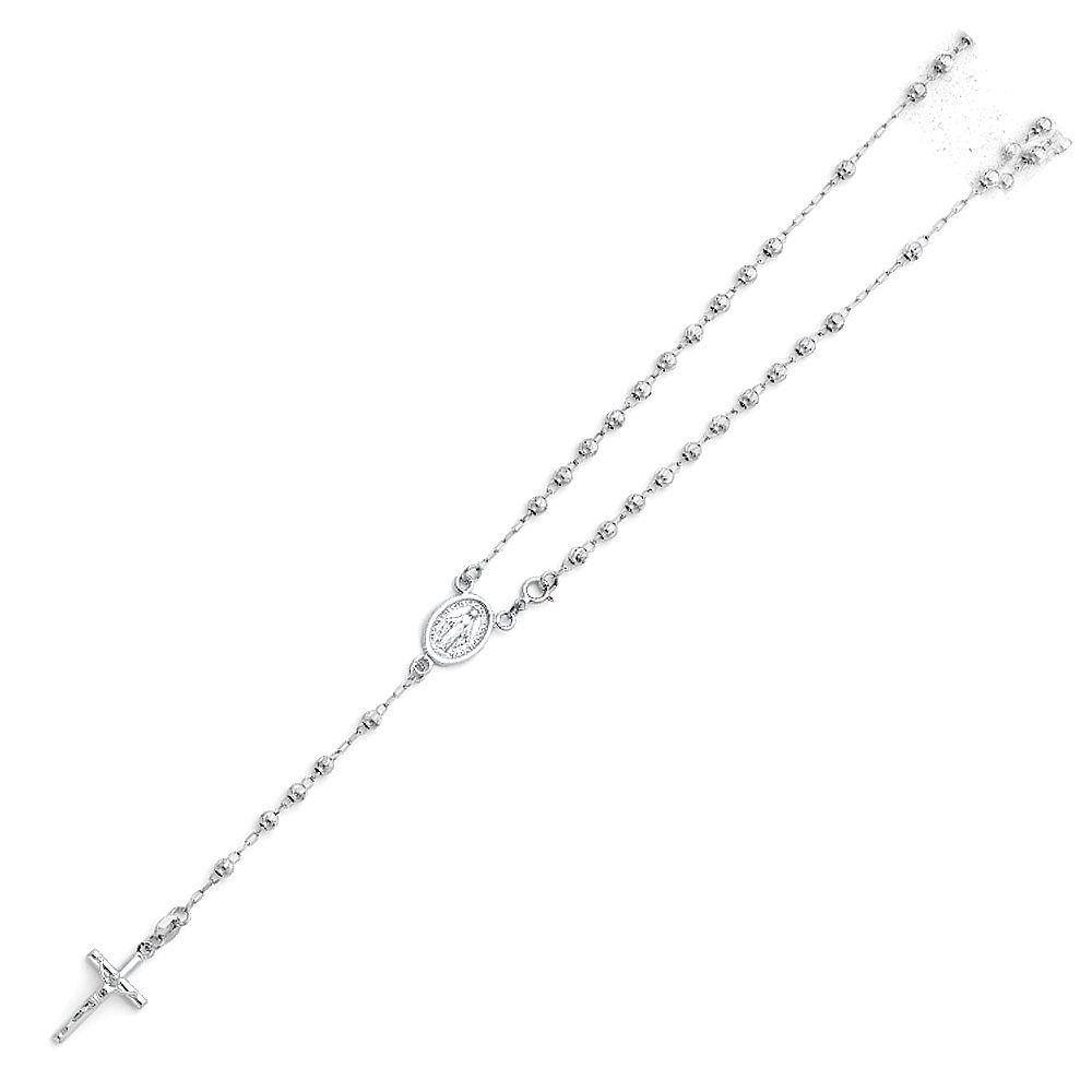 14K White 3mm Beads Ball Rosary Necklace, Length 18"