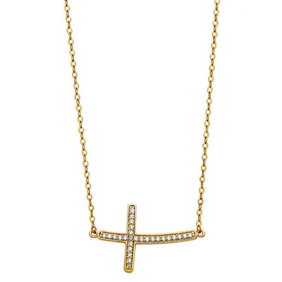 14K Yellow CZ Side Way Cross Necklace
