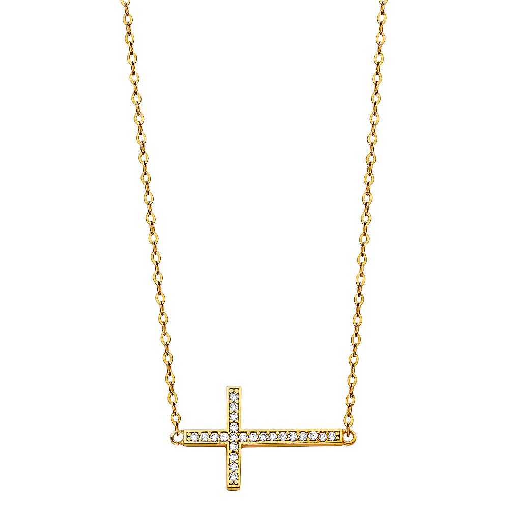 14K Yellow CZ Side Way Cross Necklace