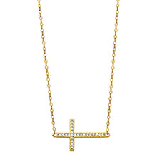 Load image into Gallery viewer, 14K Yellow CZ Side Way Cross Necklace