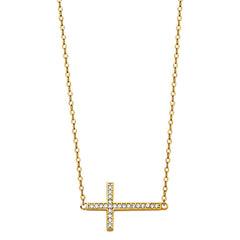 14K Yellow CZ Side Way Cross Necklace