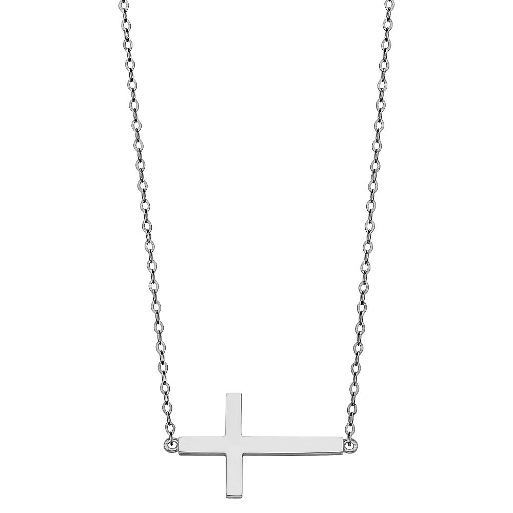 14K White CZ Side Way Cross Necklace