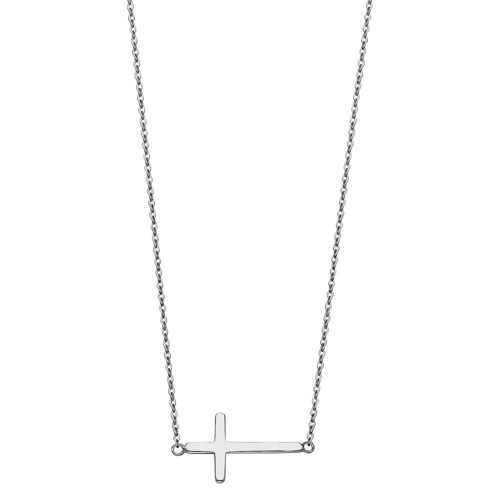 14K White CZ Side Way Cross Necklace